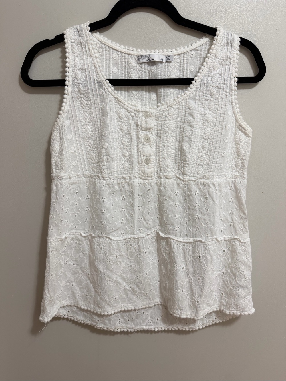prAna White Eyelet Embroidered Lace Henley Tank Top Size XS